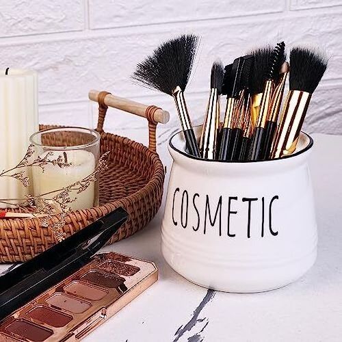 White Farmhouse Glossy Cosmetic Storage Organizer, Ceramic Makeup Brush Holders