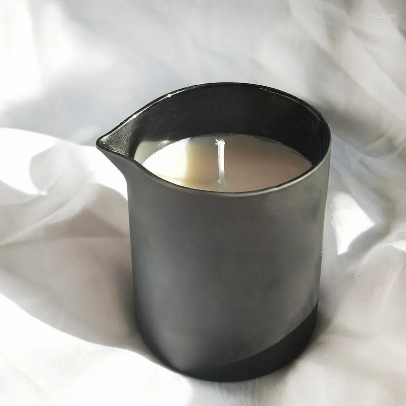 Best Selling Black Colored Candle Holders Bottle Empty Ceramic Massage Candle Jar with Pour Spout