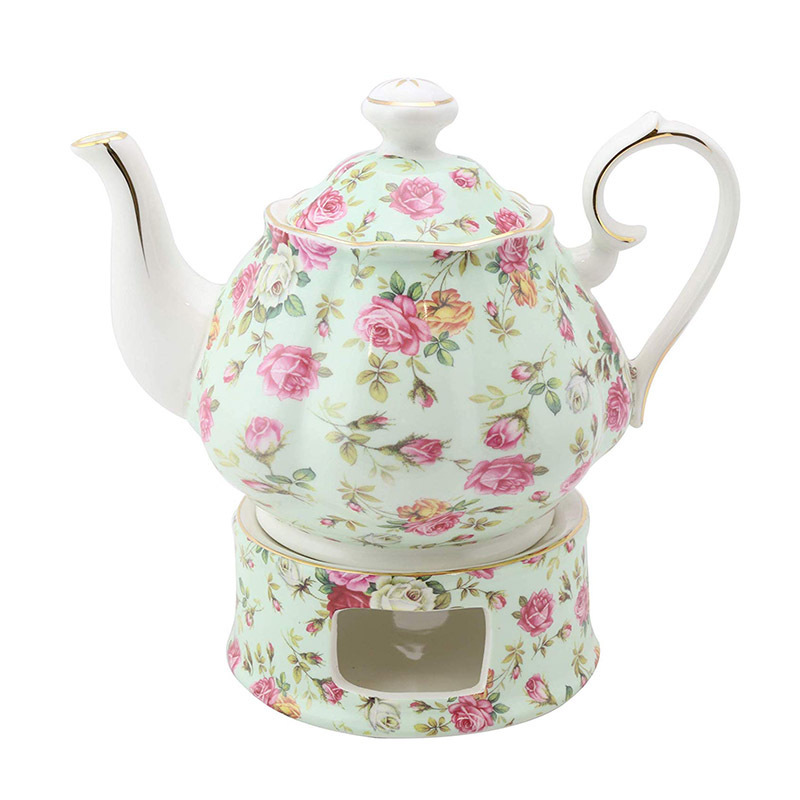 Cheap pink rose decorative ceramic teapot with warmer