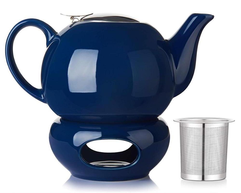 44oz Navy Blue Tea Pot Stainless Steal Infuser & Lid,  Teapot With Warmer