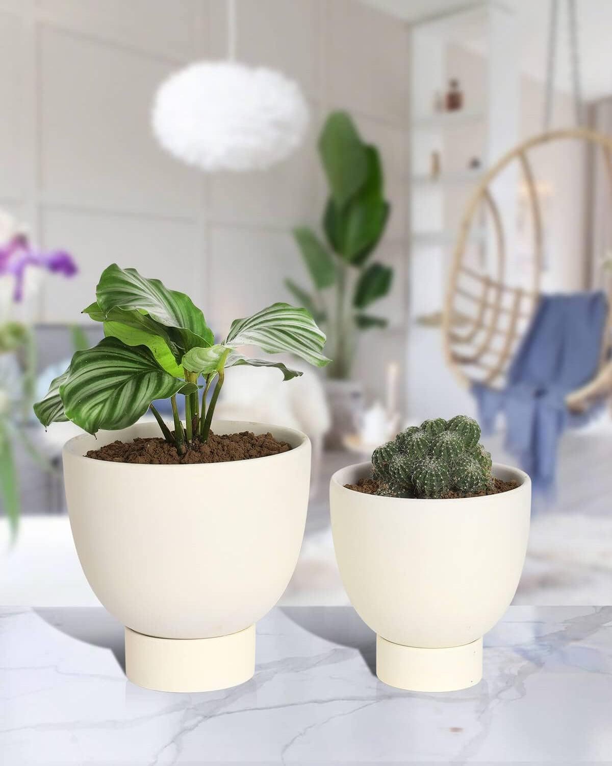 2 PCS 6 Inch & 8 Inch White Indoor Terracotta Self Watering Plant Pot Terra Cotta Plant Pot with Drainage Hole