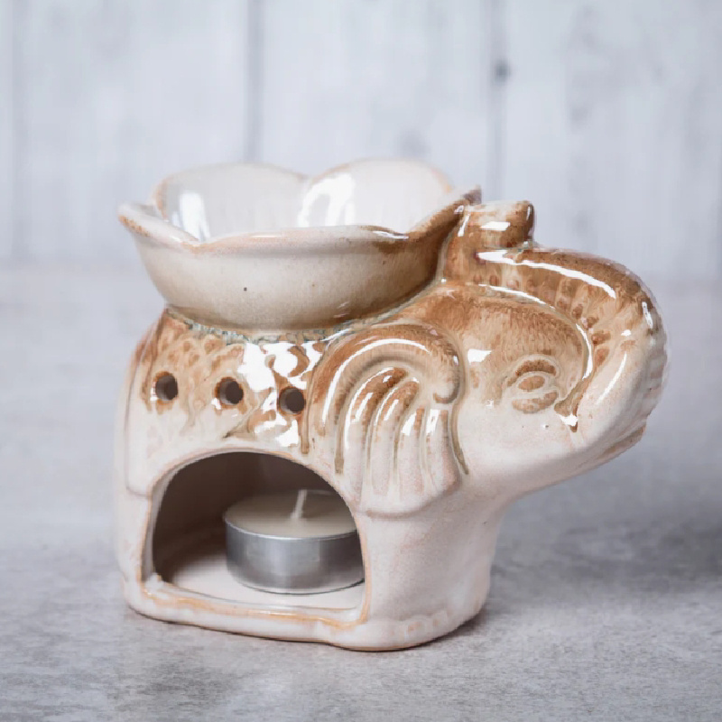 Cream & Brown Elephant Ceramic Wax Melt Warmer Wholesale Porcelain Essential Oil Burner