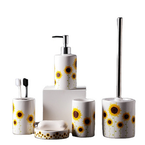 Sunflower design Ceramic Bathroom Sets includes tooth brush holder tumbler toilet brush