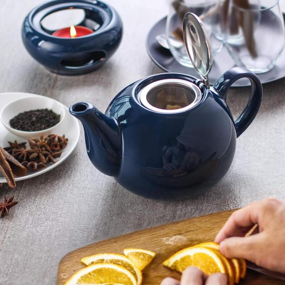 44oz Navy Blue Tea Pot Stainless Steal Infuser & Lid,  Teapot With Warmer