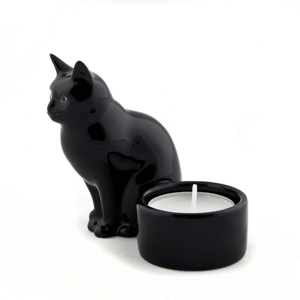 Holiday Decor Handmade Black Cat Ceramic Tea Light Candle Holder