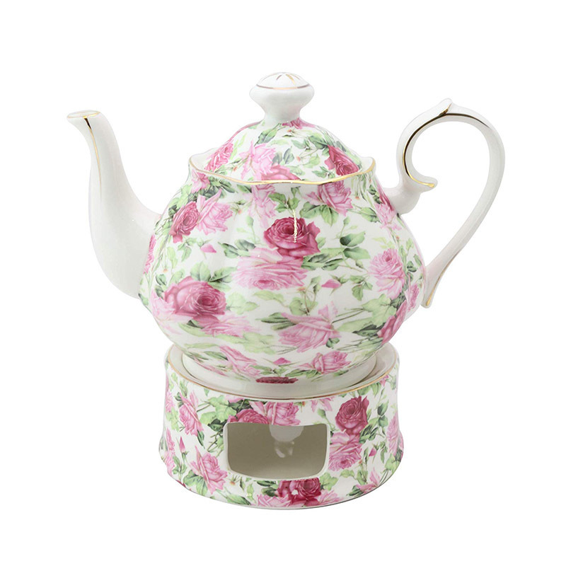 Cheap pink rose decorative ceramic teapot with warmer