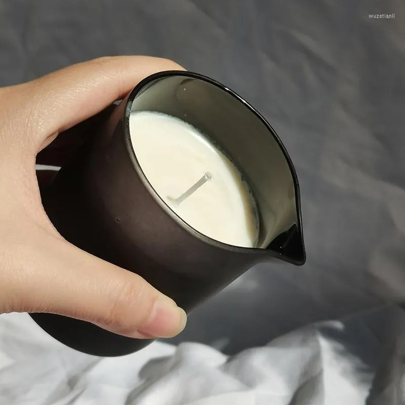 Best Selling Black Colored Candle Holders Bottle Empty Ceramic Massage Candle Jar with Pour Spout