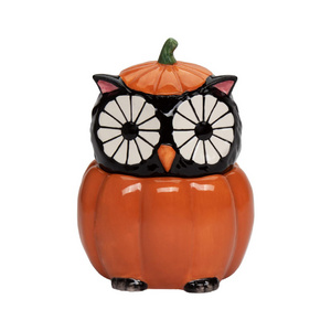 Black and Orange Halloween Kitchen Accessory Ceramic Pumpkin Owl Container Candy Jar