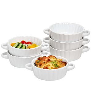 10 Oz Set Of 6 Ceramic Souffle Round Mini Quiche Pan Ramekins Baking Mini Pie Dish with Handles For Pudding, Creme Brulee