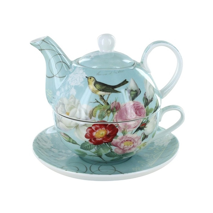 blue glazed Chinese tea pot with cup and saucer