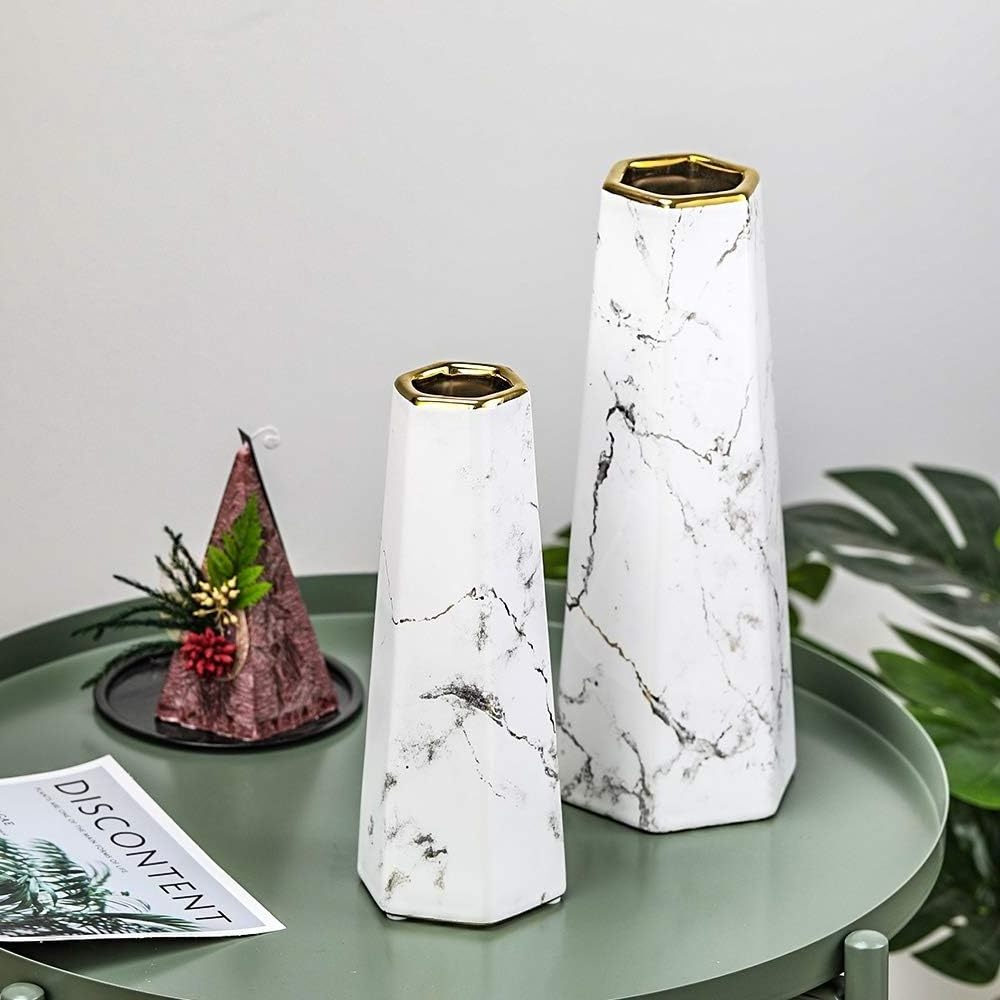 Vase for Home Decor Luxury Table Centerpieces Vase 10inch White Gold Edge Marble Ceramic Vase