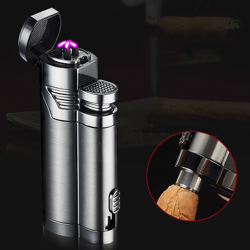 Flameless Style Electric Double Arc Lighter with Cigar Cutter Set Cigars Accessories Gift cigar lighter and cutter