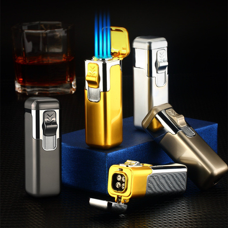 New four Straight Strong flame Outdoor Windproof Blue Flame  Refillable Lighter