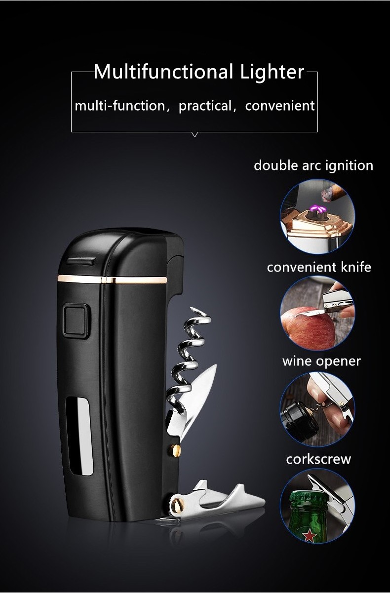 High quality multifunction dual arc lighter electric rechargeable cigarette lighters with corkscrew