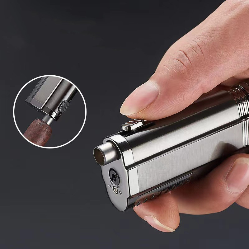 Metal custom inflatable torch lighter triple jet flame cigar lighter with cigar knife/refillable butane gas