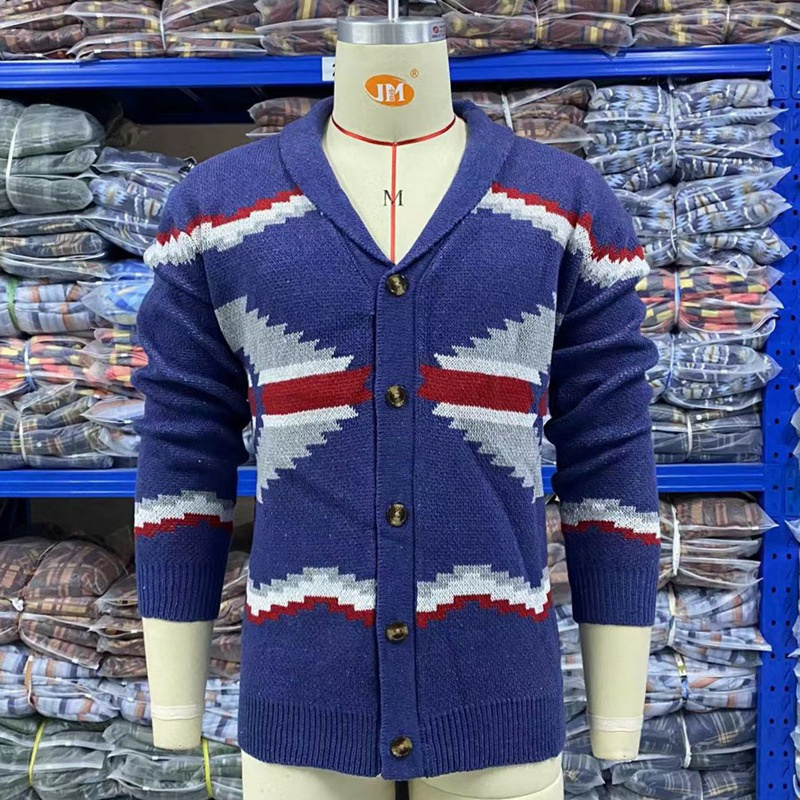 High quality 2022 winter navy blue aztec jacquard long sleeve sweater cardigan jackets for men Jacquard Women Cardigan Sweater