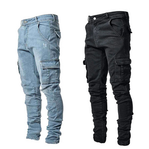 2023 new Skinny Stacking Plus Size Multi-pocket jeans pants for men Casual Straight Solid Color Casual Stretch Jeans Man