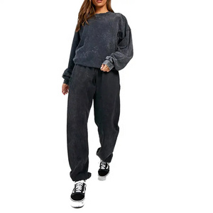 2024 New Arrival Crew Neck Hot Fashion 100% Cotton 2 Pieces Set Customize Oversize Vintage Sweat Suit Women Acid Wash sweat suit