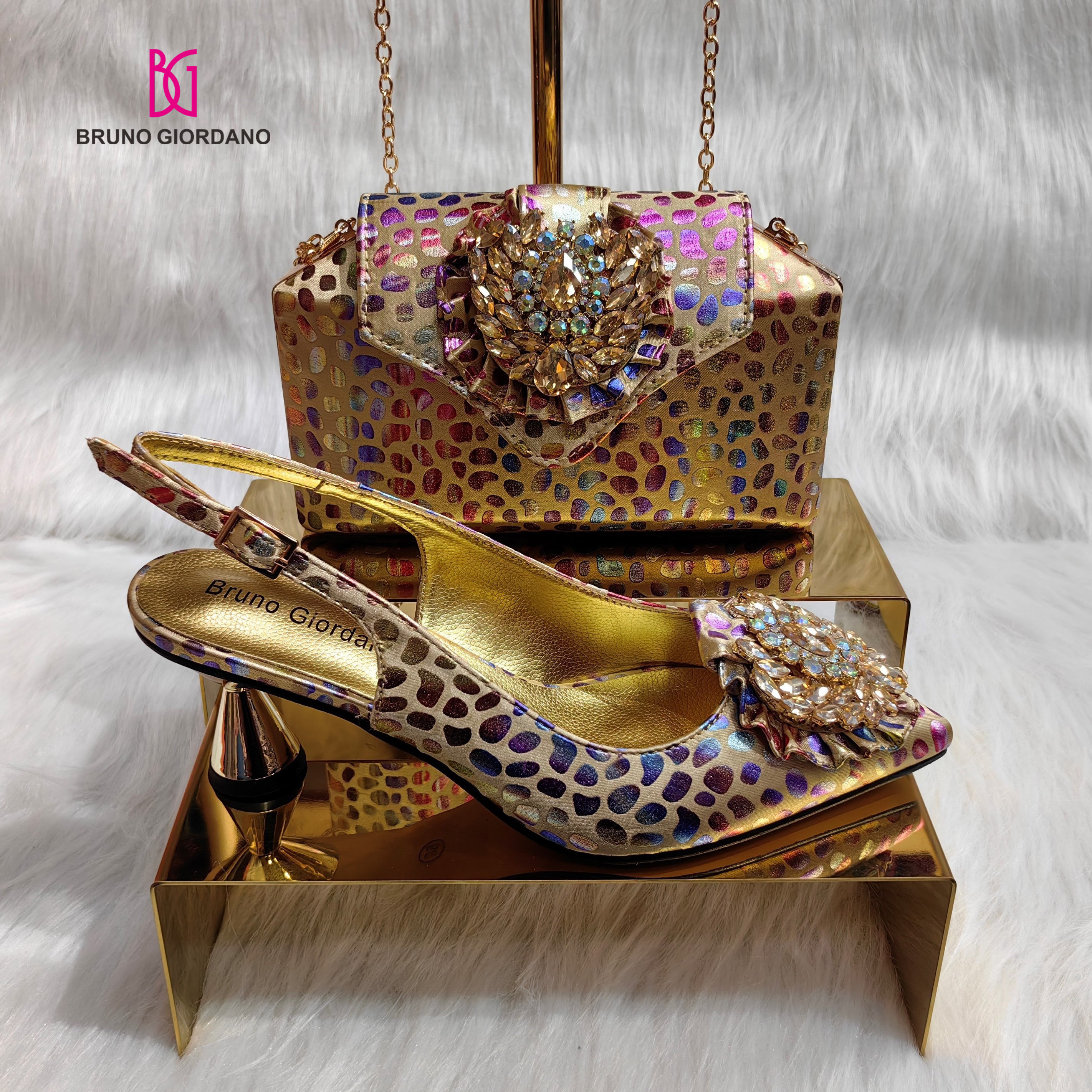 Bruno Giordano Italian design Original factory making Closed toe Gold Italian styled High quality Plating Shoes and Purse