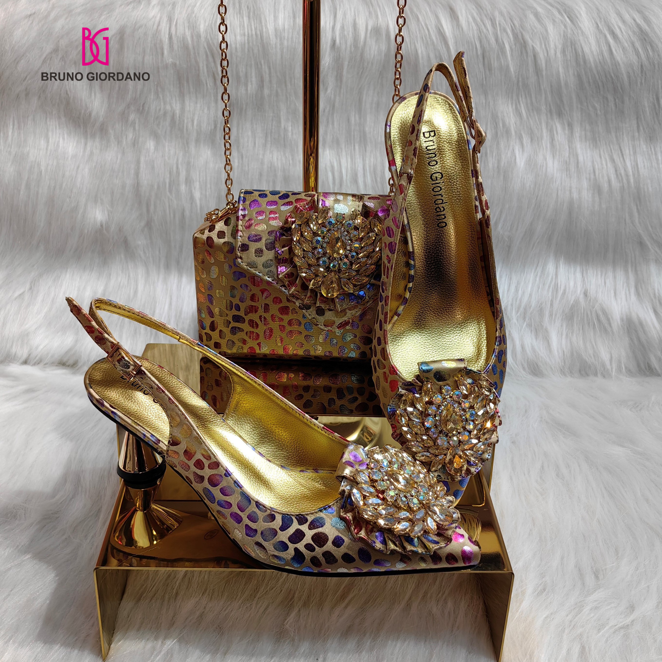 Bruno Giordano Italian design Original factory making Closed toe Gold Italian styled High quality Plating Shoes and Purse