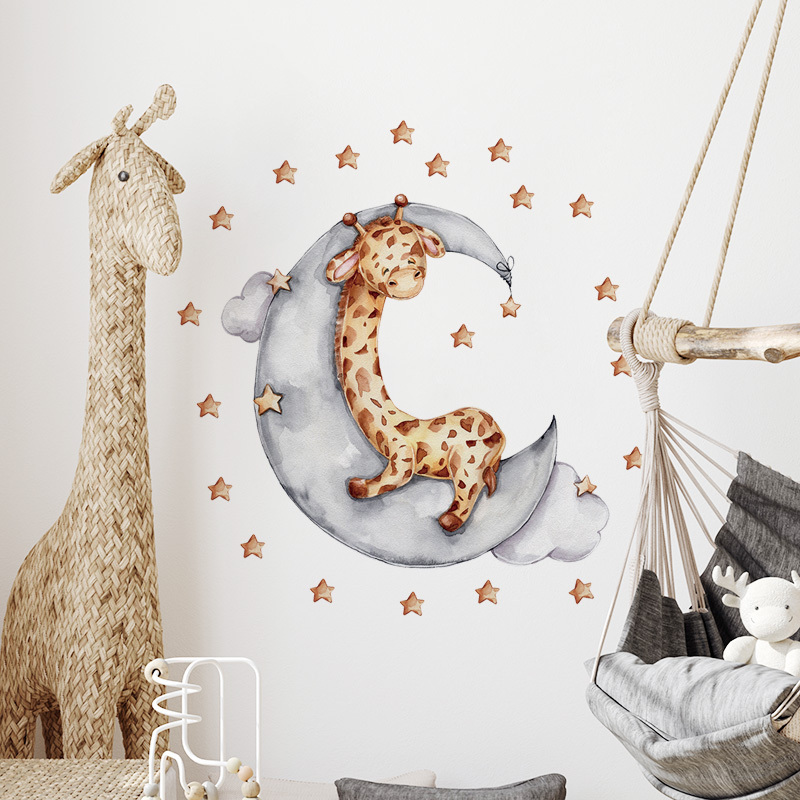 Baby Giraffe Sleep on Moon Gold Stars Wall Stickers for Kids Room Bedroom Nursery Decoration Wall Decal