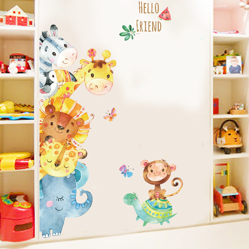 Cartoon Elephant Lion Monkey Animals Wall Stickers for Bedroom Kids Baby Room Home Decoration Wall Decal