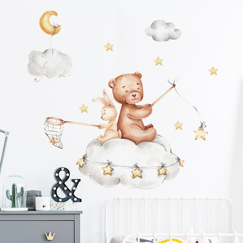 Bear and Bunny Back To Back on The Cloud Stars Wall Stickers for Kids Baby Room Bedroom Decorative Wall Decal