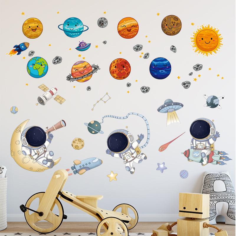 Cartoon Space Planets Astronaut Wall Stickers for Kids Room Living Room Nursery Home Decoration Wall Decal