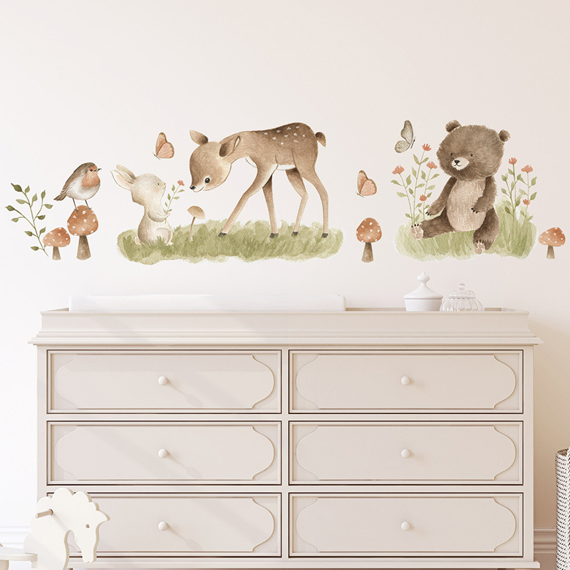 Cartoon Cute Rabbit Deer Grizzly Bear Wall Stickers for Kids Room Bedroom Kindergarten Decoration Wall Decal