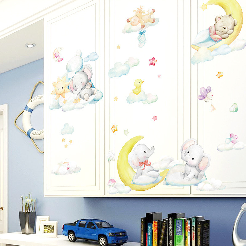 Cartoon Baby Bear Moon Cloud Wall Stickers for Kids Room Bedroom Nursery Home Decoration Wall Decal