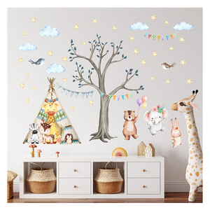 Forest Animals Trees Tent Bear Elephant Wall Stickers for Kids Room Bedroom Nursery Room Decoration Wall Decal