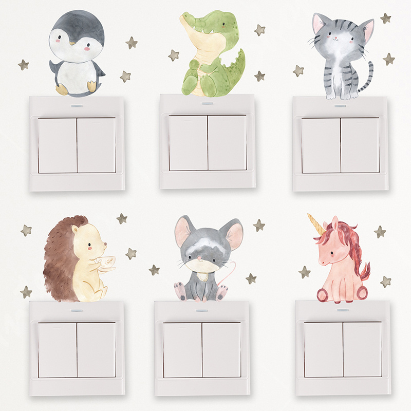 6PCS Cartoon Cute Animal Unicorn Crocodile Switch Wall Stickers for Kids Room Bedroom Decoration Wall Decal