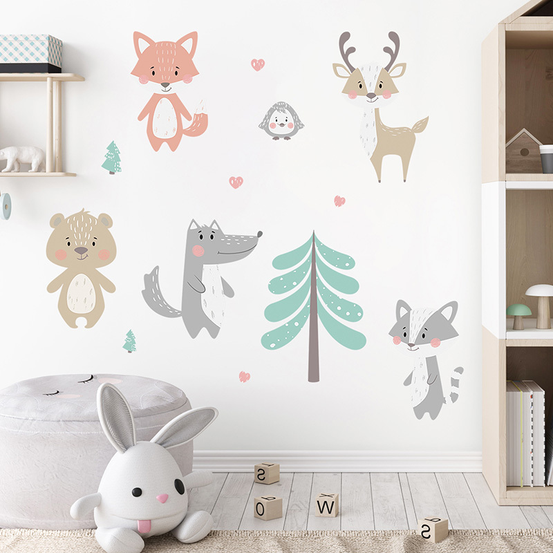 Cartoon Forest Animals Trees Bear Deer Fox Wall Stickers for Kids Room Baby Room Nursery Decoration Wall Decal