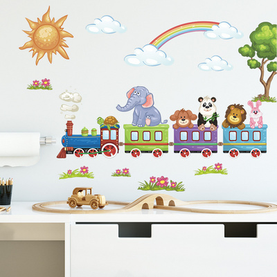 Cartoon Train Sun Rainbow Clouds Wall Decal for Kids Baby Room Bedroom Nursery Decorative Wall Sticker