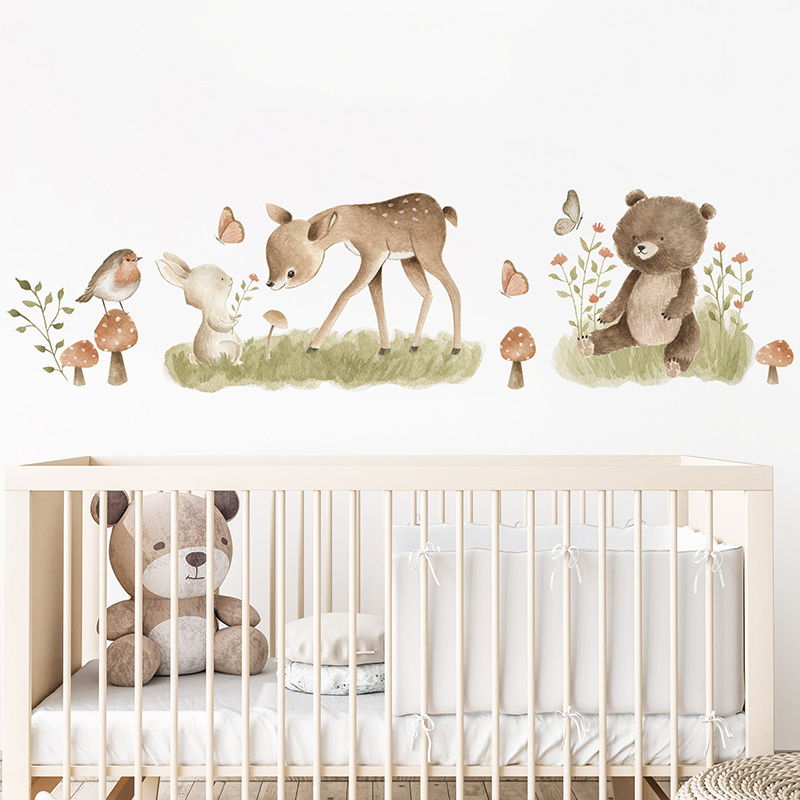 Cartoon Cute Rabbit Deer Grizzly Bear Wall Stickers for Kids Room Bedroom Kindergarten Decoration Wall Decal