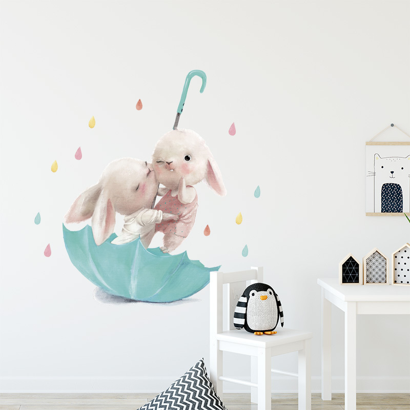 High-Quality Sky Blue lovely Rabbit Wallpaper Naughty Bunny Wall Decal Baby Kids Boys Room Decorative Wall Sticker Supplier