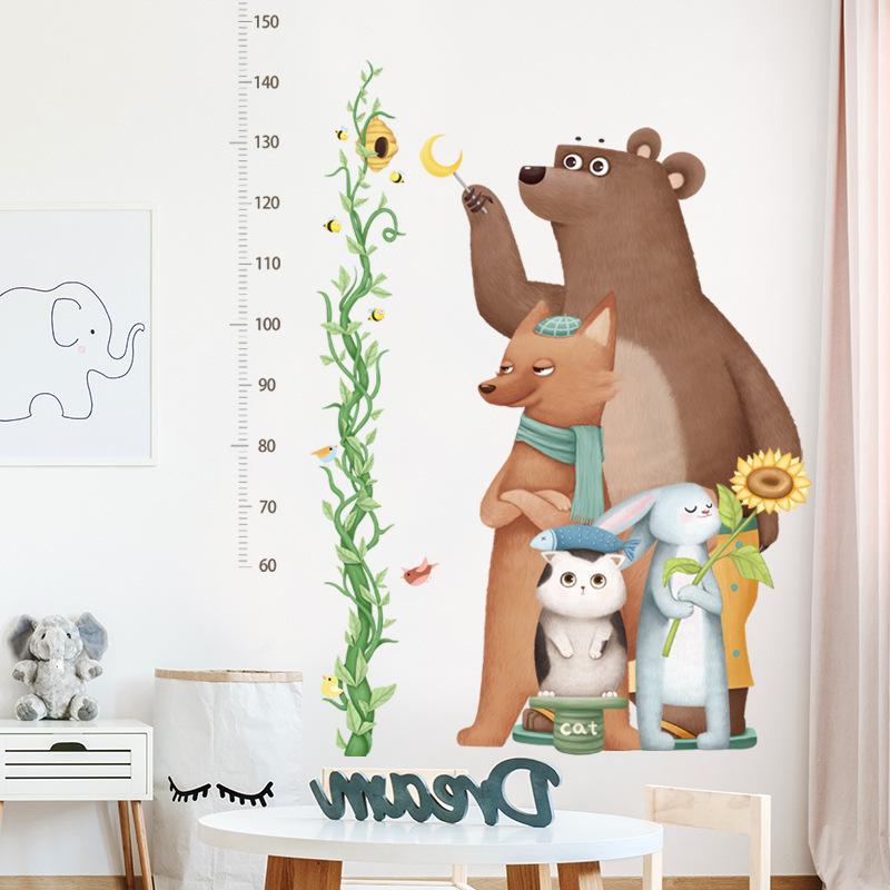 Cute Big Brown Bear Height Ruler Measure Wall Stickers for kids Room Nursery Home Decoration Wall Decal