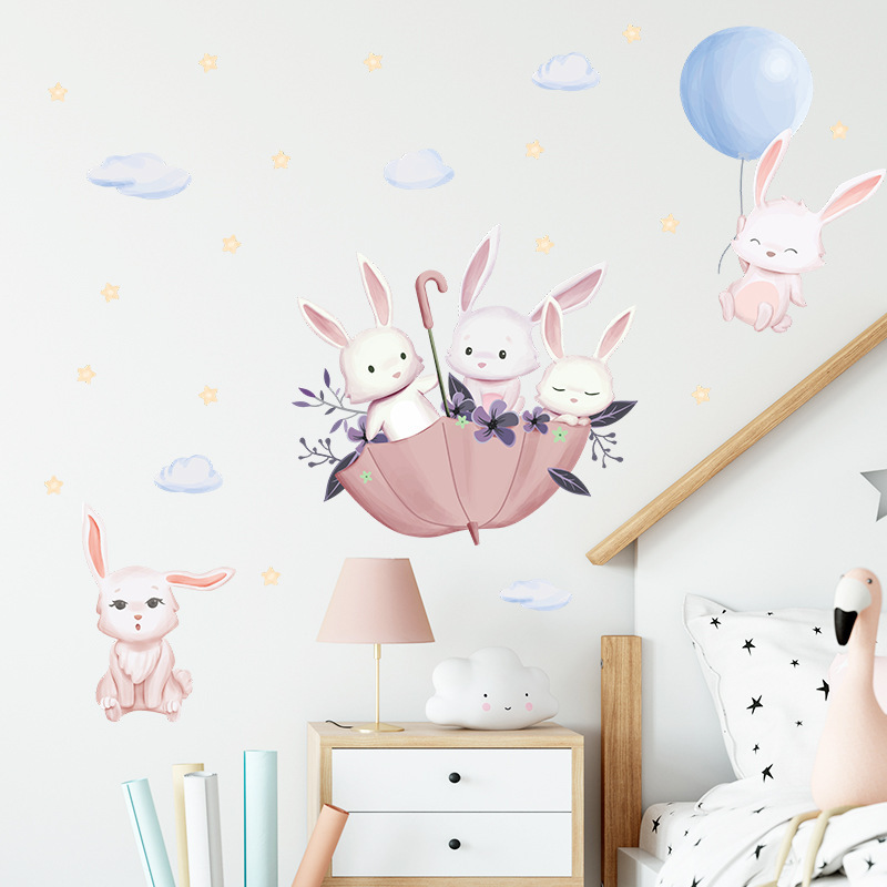 Cartoon Rabbit Umbrella Balloon Wall Stickers for Kids Room Bedroom Nursery Home Decorative Wall Decal