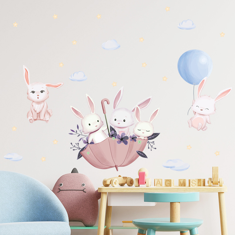 Cartoon Rabbit Umbrella Balloon Wall Stickers for Kids Room Bedroom Nursery Home Decorative Wall Decal