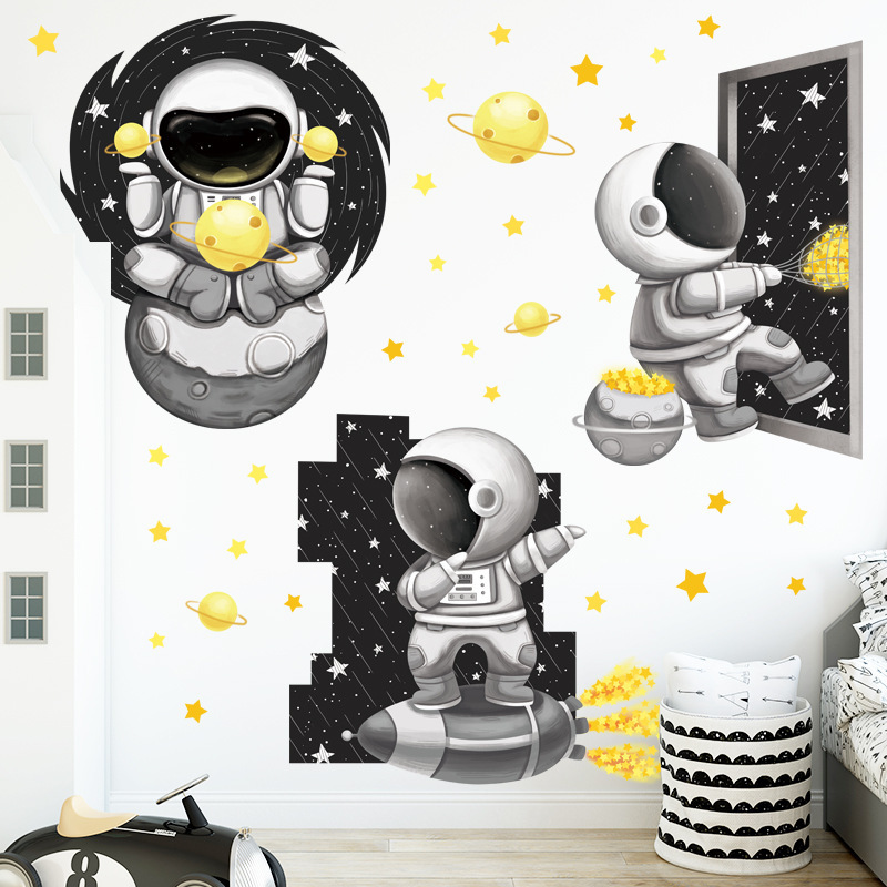 Black Space Gold Stars Cartoon Astronaut Planet Wall Stickers for Kids Room Boy Room Baby Nursery Decals Home Decoration