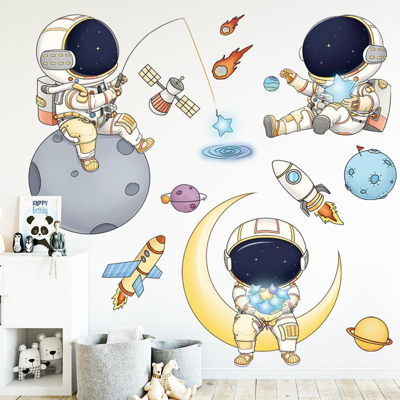 Black Space Gold Stars Cartoon Astronaut Planet Wall Stickers for Kids Room Boy Room Baby Nursery Decals Home Decoration