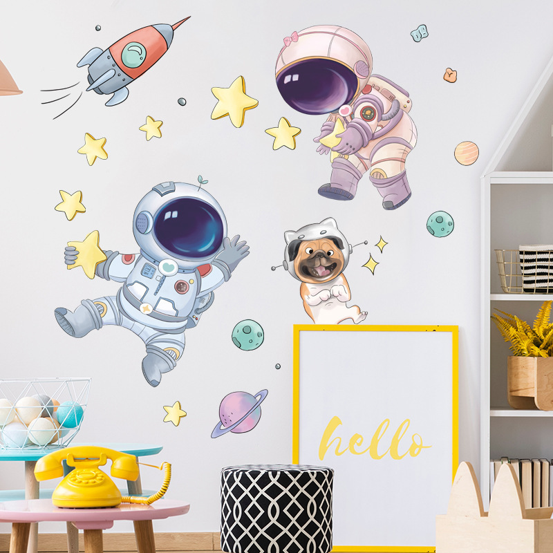 Black Space Gold Stars Cartoon Astronaut Planet Wall Stickers for Kids Room Boy Room Baby Nursery Decals Home Decoration