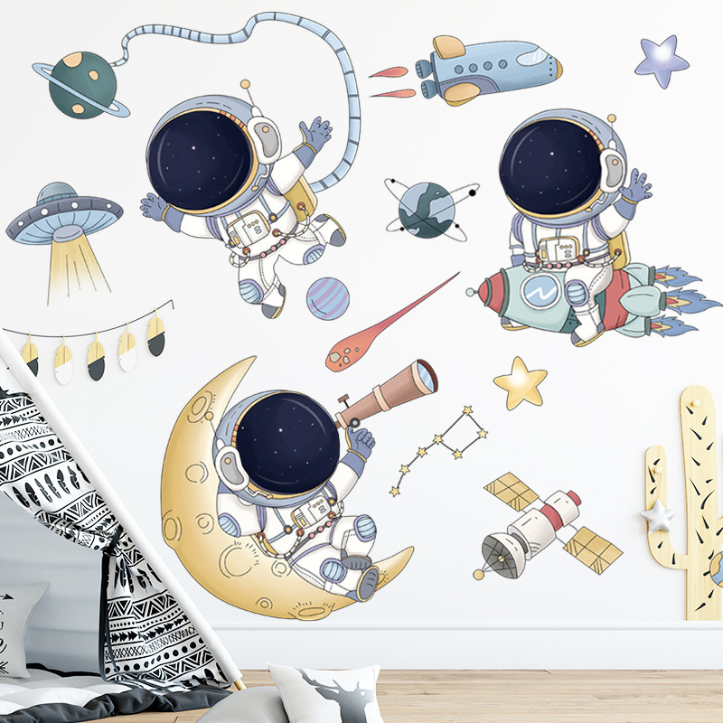 Black Space Gold Stars Cartoon Astronaut Planet Wall Stickers for Kids Room Boy Room Baby Nursery Decals Home Decoration