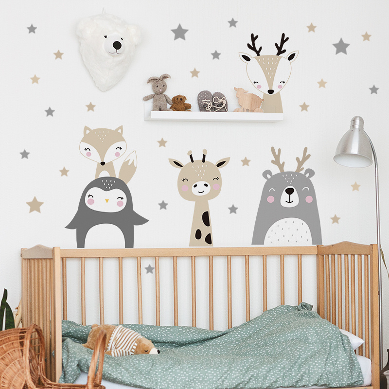 Cartoon Cute Lion Bunny Forest Animals Stars Wall Stickers Bear Deer Wall Decals for Kids Room Baby Nursery Room Bedroom Murals