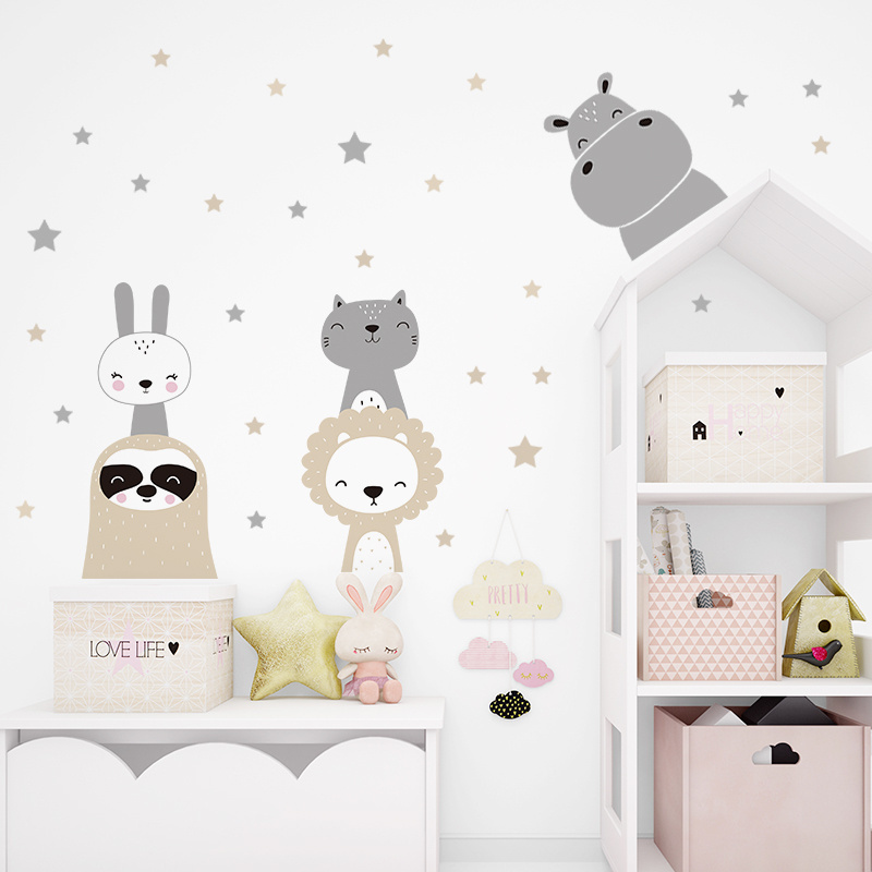 Cartoon Cute Lion Bunny Forest Animals Stars Wall Stickers Bear Deer Wall Decals for Kids Room Baby Nursery Room Bedroom Murals