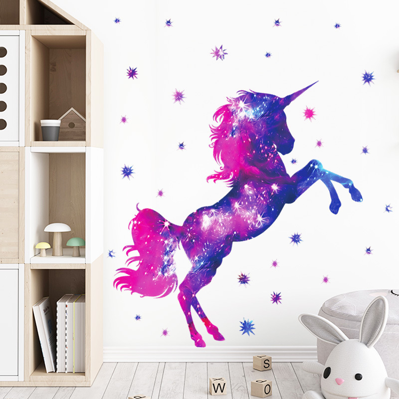 Pink Purple Starry Sky Unicorns Wall Stickers for Kids Room Bedroom Baby Nursery Home Decorative Wall Decal