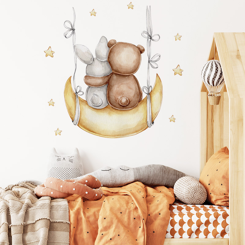 Cartoon Grey Baby Bear Bunny  Moon Gold Stars Wall Decal for Baby Room Nursery House Decoration Kids Wall Sticker