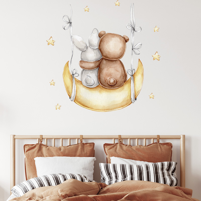 Cartoon Grey Baby Bear Bunny  Moon Gold Stars Wall Decal for Baby Room Nursery House Decoration Kids Wall Sticker