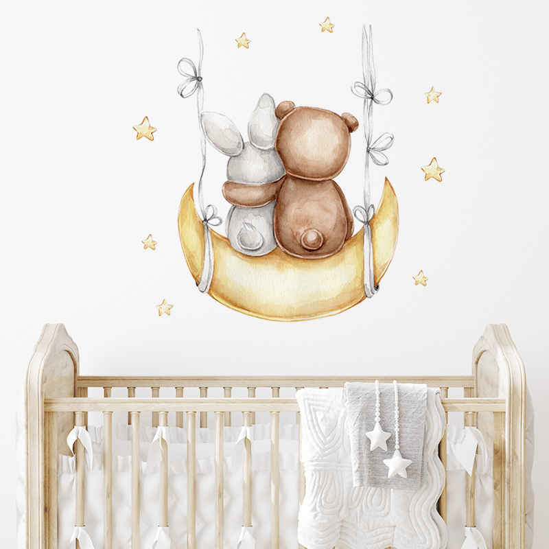 Cartoon Grey Baby Bear Bunny  Moon Gold Stars Wall Decal for Baby Room Nursery House Decoration Kids Wall Sticker