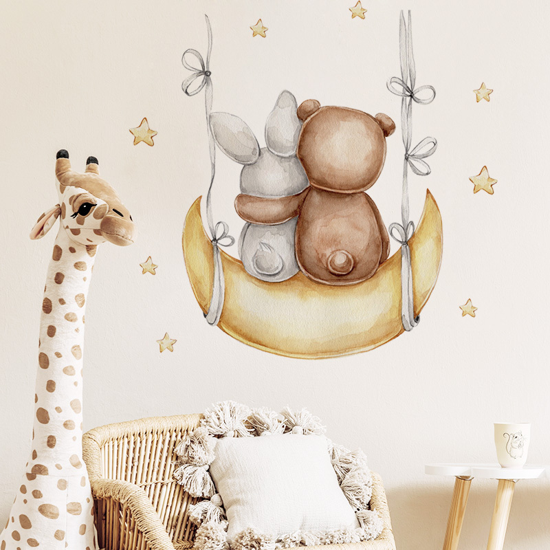 Cartoon Grey Baby Bear Bunny  Moon Gold Stars Wall Decal for Baby Room Nursery House Decoration Kids Wall Sticker